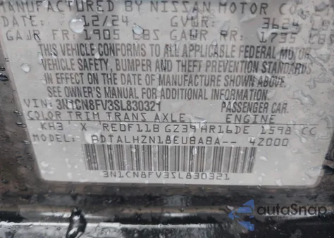 2025 Nissan Versa 1.6 Sr из США, поврежденный, VIN 3N1CN8FV3SL830321